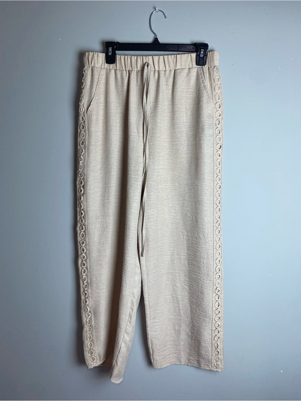 SHEIN Cream Wide-Leg Drawstring Pants with Side Lace Detail